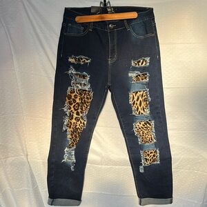 Lucky & Blessed Blue Cropped Jeans with Leopard Accents